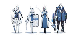 Rule 34 | 3girls, absurdres, animal ears, black gloves, blue jacket, breasts, coat, dress, elbow gloves, full body, gloves, gun, headgear, highres, holding, holding gun, holding polearm, holding shield, holding weapon, id card, jacket, jhcrow3, long hair, mask, mecha musume, mechanical legs, multiple girls, necktie, open clothes, original, pink hair, polearm, rabbit ears, robot, science fiction, shield, simple background, standing, thighhighs, twintails, weapon, white background, white hair, white jacket