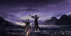 2boys artist_name barefoot black_hair black_pants blonde_hair boat campfire closed_eyes cloud field fire grass guitar happy highres holding holding_instrument holding_violin illumi999 instrument light looking_at_another mountain multiple_boys music night night_sky open_mouth original outdoors pale_skin pants playing_instrument shirt short_hair signature sitting sky smile standing star_(sky) starry_sky sweater violin water watercraft white_shirt white_sweater wood