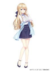 Rule 34 | 1girl, :d, badminton girls, bare legs, blonde hair, blouse, blue eyes, blue skirt, blush, bow, breasts, female focus, full body, hair bow, high heels, large breasts, long hair, long sleeves, looking at viewer, masuishi kinoto, natori maria, official art, open mouth, pleated skirt, shirt, simple background, skirt, smile, solo, white background, white shirt