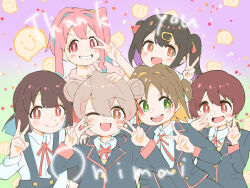 +_+ 6+girls :d ;d black_hair black_jacket blonde_hair blue_hair blunt_bangs brown_eyes brown_hair c: colored_inner_hair commentary confetti double-parted_bangs double_bun double_v gradient_background green_eyes grey_hair hair_between_eyes hair_bun hair_intakes hair_ribbon hand_on_another&#039;s_head hozuki_kaede hozuki_momiji jacket jewelry light_blush looking_at_viewer low_twintails mita_risuto multicolored_hair multiple_girls murosaki_miyo neck_ribbon necklace oka_asahi one_eye_closed onii-chan_wa_oshimai! open_mouth oyama_mahiro oyama_mihari pink_hair ponytail purple_hair red_eyes red_ribbon ribbon school_uniform shirt short_hair short_ponytail side_ponytail simple_background smile thank_you twintails two-tone_hair two_side_up v v_over_eye white_shirt wing_collar
