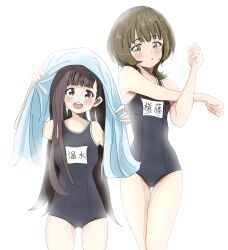 2girls :o blue_one-piece_swimsuit blush brown_eyes brown_hair commentary_request competition_school_swimsuit feet_out_of_frame gondou_asami green_eyes green_hair highres long_hair looking_at_another looking_at_viewer make_heroine_ga_oo_sugiru! medium_hair multiple_girls name_tag nukumizu_kaju one-piece_swimsuit open_mouth school_swimsuit simple_background sora_(85084118) standing stretching swimsuit thighs towel towel_on_head very_long_hair white_background
