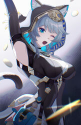 1girl ;o absurdres animal_ear_fluff animal_ears animal_hood arm_up armpits black_leotard blue_eyes breasts cat_ears cat_girl cat_hood cat_tail cipher_(honkai:_star_rail) coin commentary_request gold_coin grey_hair highres honkai:_star_rail honkai_(series) hood hooded_leotard large_breasts leotard natsuki_iroha one_eye_closed shorts solo stretching tail white_shorts yawning