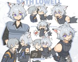 2boys :d ^^^ ^_^ ahoge animal_ear_fluff animal_ears arms_up arrow_through_heart artist_name badge belt black_shirt blue_gloves blue_jacket blue_sweater blue_sweater_vest blush cantobear cat_boy cat_ears cat_tail character_name closed_eyes closed_mouth collared_shirt commentary crossed_bangs elbow_gloves english_commentary english_text eye_contact fang fang_out fangs flying_sweatdrops full-face_blush gloves grey_hair hair_between_eyes hand_on_another&#039;s_head hand_on_own_hip hands_on_own_head headpat heart heart_in_mouth jacket looking_at_another male_focus multiple_boys multiple_views musical_note nuzzle open_clothes open_jacket open_mouth police_badge print_shirt profile purple_eyes ribbed_sweater scar scar_on_shoulder seth_lowell shirt short_hair sidelocks simple_background sleeveless sleeveless_sweater smile squiggle surprised sweatdrop sweater sweater_vest tail teeth twitter_username upper_body v-shaped_eyebrows walkie-talkie white_background white_belt wise_(zenless_zone_zero) yaoi zenless_zone_zero zipper zipper_pull_tab zoom_layer