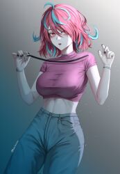 1girl alternate_costume black_nails blue_hair blue_pants breasts cowboy_shot cropped_shirt emikukis_(vtuber) expressionless eyebrows eyelashes facial_mark female_focus fingernails gradient_background grey_background hands_up heterochromia highres indie_virtual_youtuber large_breasts light long_fingernails looking_at_viewer mana_(manasenshou) medium_hair midriff multicolored_hair nail_polish navel open_mouth pale_skin pants pink_hair pink_shirt red_eyes ringed_eyes sharp_fingernails shirt simple_background solo standing streaked_hair t-shirt teeth two-tone_hair upper_teeth_only virtual_youtuber w_arms yellow_eyes