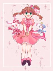 Rule 34 | 1girl, :d, ahoge, bear, blush, bow, brown hair, creature, dress, flower, frilled dress, frills, green eyes, hair bow, hair ribbon, highres, holding, holding wand, jewelpet (series), jewelpet twinkle, labra (jewelpet), long hair, magical girl, open mouth, rabbit, red eyes, ri p sheep 15, ribbon, ruby (jewelpet), sakura akari, side ponytail, skirt, smile, wand, white rabbit (animal)