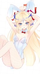 1girl @_@ alternate_costume animal_ear_hairband animal_ears arms_behind_head arms_up blonde_hair blue_eyes blush bound bound_wrists bow bowtie breasts cartethyia_(wuthering_waves) collar commentary_request crown_of_thorns detached_collar earrings fake_animal_ears fishnet_pantyhose fishnets hairband highres jewelry leotard long_hair looking_at_viewer obyake pantyhose parted_lips playboy_bunny pointy_ears rabbit_ear_hairband rabbit_ears red_bow red_bowtie sidelocks sitting small_breasts solo strapless strapless_leotard tacet_mark_(wuthering_waves) very_long_hair white_collar white_leotard white_pantyhose wuthering_waves
