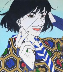 Rule 34 | 1girl, 59awakadoy, black hair, blue background, bob cut, bridal gauntlets, commentary, earlobe stretcher, earrings, grey eyes, hand on own head, highres, japanese clothes, jewelry, kimono, looking at viewer, nose, open mouth, original, print kimono, short hair, smile, solo, teeth, traditional media, upper body, yellow kimono