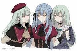 3girls ave_mujica_(bang_dream!) bang_dream! bang_dream!_it&#039;s_mygo!!!!! beret black_corset blue_dress blue_hair commentary corset dress dual_persona earrings green_hair grin hair_ornament hairclip hat highres holding_hands jewelry long_hair looking_at_another mortis_(bang_dream!) mortis_(costume)_(bang_dream!) mortis_(persona)_(bang_dream!) multiple_girls nekwnek red_hat sidelocks simple_background smile sweat togawa_sakiko twintails twitter_username wakaba_mutsumi white_background worried yellow_eyes yuri