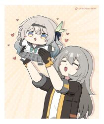 2girls absurdres black_coat black_gloves chibi closed_eyes coat commentary_request firefly_(spring_missive)_(honkai:_star_rail) gloves grey_hair grey_sailor_collar grey_skirt heart highres holding_chibi honkai:_star_rail honkai_(series) korean_commentary multiple_girls official_alternate_costume ooyun open_clothes open_coat open_mouth plaid_clothes plaid_skirt pleated_skirt sailor_collar skirt stelle_(honkai:_star_rail) trailblazer_(honkai:_star_rail) twitter_username white_hair