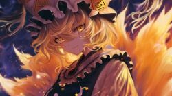 1girl blonde_hair blue_tabard brooch closed_mouth commentary english_commentary fox_tail hair_between_eyes hat jewelry light_particles looking_at_viewer looking_to_the_side mob_cap multiple_tails ofuda ofuda_on_clothes short_hair slit_pupils smile solo tabard tail touhou upper_body white_hat xiirus yakumo_ran yellow_eyes
