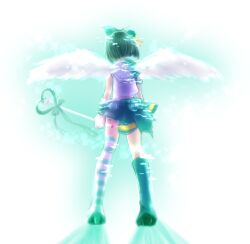 Rule 34 | 1girl, angel wings, asymmetrical legwear, dempagumi, green hair, green theme, holding, holding wand, idol, kurosaki iroha, magical girl, wand, wings, yumemi nemu (dempagumi)
