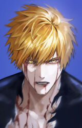 1boy 22nae2 bleach blonde_hair blood blood_on_chest blood_on_face blood_on_neck blue_background commentary_request highres japanese_clothes korean_commentary kurosaki_ichigo lips looking_at_viewer lower_teeth_only male_focus portrait short_hair simple_background solo teeth torn_clothes yellow_eyes