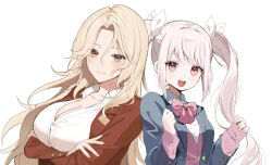 2girls alice_(nikke) alternate_costume blonde_hair blue_cardigan blue_jacket blush bow bowtie breasts button_gap cardigan cleavage closed_mouth crossed_arms forehead goddess_of_victory:_nikke hair_ornament highres jacket kumo_tabetai long_sleeves looking_at_viewer ludmilla_(nikke) multiple_girls open_mouth paint_chat_(medium) parted_bangs partially_unbuttoned pink_hair pink_shirt red_eyes ribbon school_uniform shirt smile twintails upper_body white_ribbon