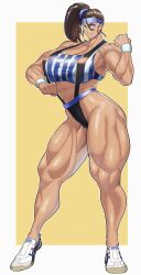 1girl 2022 abs arms_up bikini bikini_top_only black_bikini black_widow_(muscle_bomber) blue_eyes blue_headband blue_trim breasts brown_hair capcom cleavage clenched_hands collarbone contrapposto covered_erect_nipples dark-skinned_female dark_skin female_focus full_body headband highres huge_breasts kugara4423 leotard looking_at_viewer muscle_bomber muscular muscular_female shiny_skin shirt shoes side_ponytail sneakers solo standing striped_bikini striped_clothes striped_shirt swimsuit tan tanline thong_leotard toned toned_female v-shaped_eyebrows variant_set variations white_trim wristband