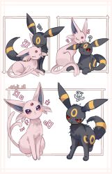 3koma ? ^_^ animal_nose black_fur blush circle_facial_mark closed_eyes colored_sclera comic commentary_request cowl cuddling dot_nose espeon facial_mark fluffy forehead_jewel forehead_mark forked_tail gem gen_2_pokemon grooming half-closed_eyes highres licking lvli_x2 multiple_views musical_note nintendo no_humans one_eye_closed pink_fur pokemon pokemon_(creature) pokemon_focus purple_eyes purple_fur purple_sclera red_eyes red_gemstone red_sclera sparkle squiggle standing sweatdrop tail umbreon yellow_fur