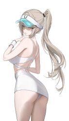 Rule 34 | 1girl, absurdres, ass, bare shoulders, blonde hair, blush, bra, breasts, dress, finger to mouth, highres, laneigu, large breasts, long hair, looking at viewer, mole, mole on cheek, original, pencil skirt, ponytail, simple background, skirt, sleeveless, sleeveless dress, solo, sports bra, sportswear, thighs, twintails, underwear, very long hair, visor cap, white background, white bra, white skirt, white sports bra, wrist cuffs, yellow eyes, yuzu (laneigu)