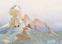 1girl absurdres afloat aglaea_(honkai:_star_rail) ancient_greek_clothes blonde_hair breasts dress flower greco-roman_clothes green_eyes hair_flower hair_ornament hashtag-only_commentary high_heel_sandals highres honkai:_star_rail honkai_(series) knees_up laurel_crown looking_at_viewer rune_ko sandals short_hair solo thigh_strap thread toes white_dress