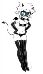 1girl bat_wings batman_(series) batrobin_k black_mask black_thighhighs blue_eyes breasts collar dc_comics demon_girl demon_horns demon_tail domino_mask elbow_gloves gloves greyscale hands_on_own_hips highres horns mask monochrome navel pointy_ears robin_(batrobin_k) robin_(dc) simple_background sketch small_breasts spot_color strapless tail thighhighs tube_top white_background wings