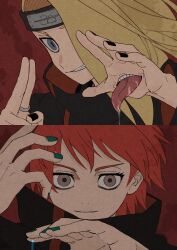 2boys akatsuki_uniform arms_up black_nails blonde_hair blue_eyes commentary_request deidara_(naruto) forehead_protector grey_eyes grin hand_mouth highres kooda kuji-in long_hair long_tongue male_focus multiple_boys nail_polish naruto_(series) one_eye_covered red_hair saliva sanpaku sasori_(naruto) short_hair smile teeth tongue tongue_out