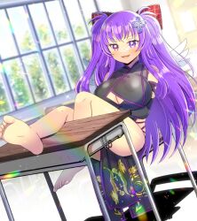 1girl :d arms_under_breasts bare_legs bare_shoulders barefoot black_dress black_sleeves blurry blurry_background bow breasts chair china_dress chinese_clothes cleavage cleavage_cutout clothing_cutout commentary_request commission copyright_request crossed_arms day depth_of_field desk detached_sleeves dress hair_bow indoors kou_hiyoyo large_breasts long_hair long_sleeves looking_at_viewer mini_wings on_chair open_mouth pelvic_curtain purple_eyes purple_hair red_bow school_chair school_desk skeb_commission sleeveless sleeveless_dress smile solo two_side_up very_long_hair white_wings window wings