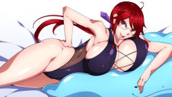 1girl alternate_color breasts byakkun_(byakkun8181) ditto earrings gen_1_pokemon glasses highleg highleg_one-piece_swimsuit huge_breasts jewelry long_hair lorelei_(pokemon) nintendo one-piece_swimsuit pokemon pokemon_lgpe red_eyes red_hair shiny_pokemon swimsuit