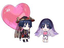 2boys armor barefoot black_bodysuit black_bow black_hair black_hat black_kimono black_leggings black_mask black_sash black_shorts black_sleeves blunt_ends blush bodysuit bow bright_pupils chibi closed_mouth dual_persona eyeliner eyeshadow floral_print_veil full_body furisode genshin_impact gold gold_trim grey_veil half-closed_eyes hat heart highres holding holding_heart japanese_armor japanese_clothes jewelry jingasa juban kariginu kimono kote kurokote layered_shorts layered_sleeves leggings looking_at_another looking_at_hand looking_at_viewer makeup mask_on_hat mitsudomoe_(shape) multiple_boys neck_ring o-ring open_clothes open_hands open_kimono open_mouth outstretched_arms pants pelvic_curtain pigeon-toed purple_eyes purple_rope purple_sash purple_shorts purple_sleeves purple_veil red_eyeliner red_eyeshadow red_hat red_kimono red_sash rope saigawa_genshin sash scaramouche_(genshin_impact) scaramouche_(kabukimono)_(genshin_impact) see-through_clothes see-through_veil shimenawa short_sleeves shorts standing tassel tomoe_(symbol) two-tone_hat veil white_background white_kimono white_pants white_pupils white_rope wispy_bangs