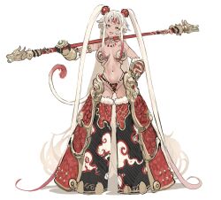 1girl :3 absurdres blonde_hair bo_staff breasts character_name circlet commentary dark-skinned_female dark_skin dishwasher1910 english_commentary english_text facial_scar fang genderswap genderswap_(mtf) gluteal_fold highres holding holding_polearm holding_weapon journey_to_the_west large_breasts long_hair looking_at_viewer monkey_girl monkey_tail navel polearm scar scar_on_cheek scar_on_face signature simple_background solo stomach sun_wukong tail twintails very_long_hair weapon white_background