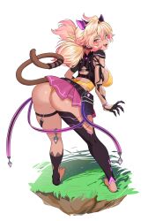 1girl absurdres animal_ears aoshiseven ass barefoot bent_over blonde_hair blush breasts from_behind gradient_hair highres indie_virtual_youtuber koko_d._nuts large_breasts leotard looking_at_viewer looking_back low_twintails monkey_ears monkey_girl monkey_tail multicolored_hair pink_skirt pleated_skirt skirt solo standing tail thighs twintails yellow_leotard