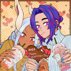 2023 2girls absurdres animal_ears artist_name blue_nails blush boku_no_hero_academia braid cookie cup dark-skinned_female dark_skin drinking_straw ear_piercing earrings female_focus food food_on_face hair_bun happy_valentine heart heart-shaped_cookie heart-shaped_food highres holding holding_cup jewelry lady_nagant larmemaru_e long_eyelashes long_hair mirko multicolored_hair multiple_girls piercing pink_hair pink_nails purple_eyes purple_hair rabbit_ears rabbit_girl red_eyes ring short_hair smoothie streaked_hair sweater turtleneck turtleneck_sweater twin_braids two-tone_hair valentine white_hair yuri