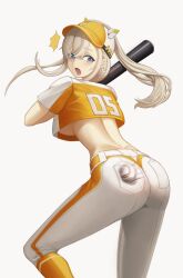 1girl absurdres alternate_costume ass ass_focus baseball baseball_bat baseball_cap baseball_uniform blonde_hair blue_eyes blush breasts creamkb deep_skin from_behind goddess_of_victory:_nikke half_updo hat highres large_breasts long_hair looking_back looking_down official_alternate_costume open_mouth pants ponytail shirt sideboob solo sportswear tears tove_(baseball_fan)_(nikke) tove_(nikke)