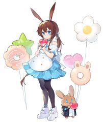 1girl absurdres amiya_(arknights) animal_ear_fluff animal_ears apron arknights balloon bare_shoulders black_jacket black_pantyhose blue_dress blue_eyes brown_hair collarbone commentary_request dress fanniko full_body hair_between_eyes heart heart_balloon highres holding jacket jewelry long_hair low_ponytail open_clothes open_jacket pantyhose ponytail rabbit_ears ring shirt shoes simple_background solo standing star_balloon stuffed_animal stuffed_rabbit stuffed_toy very_long_hair white_apron white_background white_shirt white_shoes