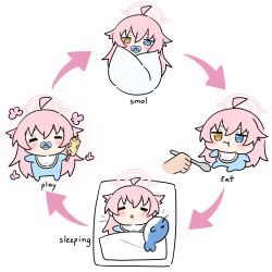 1girl 1other :3 :t aged_down ahoge arrow_(symbol) baby blue_archive blush chibi closed_mouth commentary english_text halo highres holding holding_spoon hoshino_(blue_archive) multiple_views pacifier pink_hair pink_halo simple_background spoon tuna_(tuna2_5) white_background