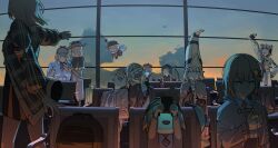 airport bee blonde_hair blue_eyes brown_capelet buffson bug capelet cellphone cloud hair_ornament hat highres hololive hololive_english insect mazu_(mazumaro) multiple_girls necktie open_mouth phone plastic_bottle red_necktie shirt short_hair skirt sleeping smartphone smol_ame virtual_youtuber watoto_(mythbreakers) watson_amelia watson_amelia_(1st_costume) watson_amelia_(party_dress) watson_amelia_(street_casual) window