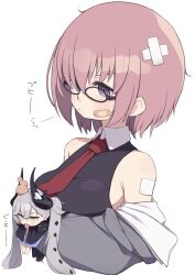 2girls bandaid bandaid_on_cheek bandaid_on_face bare_shoulders fate/grand_order fate_(series) gamuo glasses grey_hair head_bump holding holding_mini_person horns lilith_(fate) long_hair mash_kyrielight mini_person minigirl multiple_girls neck necktie pout purple_eyes purple_hair short_hair tongue tongue_out twintails upper_body