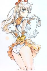 1girl aino_minako bishoujo_senshi_sailor_moon blonde_hair bow leotard orange_skirt red_bow sailor_venus skirt white_leotard