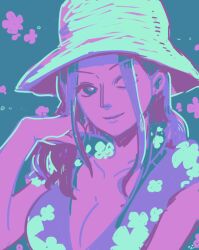 1girl blue_eyes breasts cleavage closed_mouth collarbone commentary_request floral_print floral_print_shirt flower hat high_collar long_hair looking_at_viewer nico_robin one_eye_closed one_piece one_piece_film:_gold panda_(3d2y) short_sleeves sidelocks simple_background smile solo upper_body white_hat wink