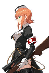 1girl absurdres aiguillette armband belt black_coat boots brown_hair character_request coat copyright_request from_side gher5 gloves green_eyes gun hat highres necktie red_armband rifle short_hair shorts tagme thigh_boots weapon white_background white_gloves