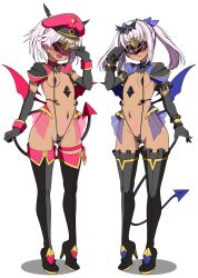 2girls absurdres black_gloves blush boots breasts corruption covered_erect_nipples dark-skinned_female dark_persona dark_skin demon_girl demon_tail demon_wings elbow_gloves frozen_gingasan full_body gloves gunslinger_stratos hat heart high_heels highres long_hair looking_at_viewer mask multiple_girls navel one-piece_swimsuit open_mouth pink_hair pubic_tattoo revealing_clothes rindou_shizune shinou_matsurika simple_background slave_gear slave_visor_(tsmg_nao!) slingshot_swimsuit small_breasts smile standing stomach_tattoo swimsuit tail tattoo thigh_boots thighhighs ts_magical_girl_nao twintails variant_set white_background wings