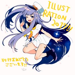 2017 absurdly_long_hair bandaid bandaid_on_leg black_boots black_sailor_collar blue_eyes blue_hair blush boots hand_up illustration.media keishin long_hair looking_at_viewer one_eye_closed open_mouth original pleated_skirt sailor_collar shirt short_sleeves skirt smile solo very_long_hair white_shirt white_skirt yellow_neckwear