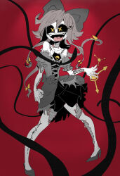 1girl bandaged_neck bandages bare_shoulders black_bow black_dress black_hair black_sclera black_shoes blush bow breasts cleavage colored_sclera cross-laced_clothes cross-laced_dress cyn_(murder_drones) dress fangs full_body hair_between_eyes hair_bow highres large_breasts long_hair looking_at_viewer looking_down low-tied_sidelocks murder_drones open_mouth shoes sidelocks smile solo standing stitched_arm stitches teeth thigh_strap tongue tongue_out upper_teeth_only user_jdjr5482 white_background x yellow_eyes