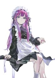 1girl absurdres apron black_dress black_ribbon blue_eyes closed_mouth collared_dress commentary dog_hair_ornament dress english_commentary feet_out_of_frame frilled_apron frills hair_ornament hair_ribbon highres invisible_chair long_hair long_sleeves looking_at_viewer maid maid_headdress mo011010 original purple_hair purple_nails ribbon simple_background sitting socks solo waist_apron white_apron white_background white_socks