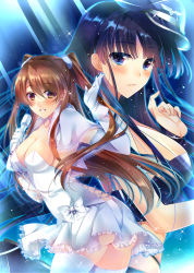10s 2girls ass black_hair blue_eyes blush breasts brown_eyes brown_hair capelet cleavage dress female_focus gloves grin hanpen_(hannpenn2) hat highres hime_cut jewelry large_breasts long_hair looking_at_viewer microphone multiple_girls necklace ogiso_setsuna peaked_cap ribbon smile sparkle strapless strapless_dress touma_kazusa two_side_up white_album_(series) white_album_2 white_dress white_gloves