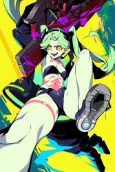 Rule 34 | 1girl, absurdres, armpits, artificial eye, ass, blue bra, blue panties, blue shoes, bra, breasts, colored sclera, cyberpunk (series), cyberpunk edgerunners, fang, fewer digits, from below, green hair, highres, holding, holding weapon, huge weapon, jacket, leg tattoo, long hair, mechanical eye, mechanical hands, neck tattoo, open clothes, open jacket, open mouth, oversized forearms, oversized limbs, panties, patipat asavasena, petite, rebecca (cyberpunk), red eyes, red sclera, samurai jacket (cyberpunk), shoes, simple background, small breasts, smile, solo, stomach tattoo, tattoo, teeth, twintails, underwear, unzipped, very long hair, weapon, wide hips, yellow background