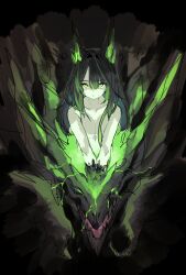 1girl arknights black_background black_hair blood breasts breasts_squeezed_together closed_mouth commentary creature_and_personification ecdysis green_blood green_eyes green_hair highres horns long_hair looking_at_viewer medium_breasts mon3tr_(arknights) mon3tr_(summon)_(arknights) monster multicolored_hair nude personification shedding shima_(wideshi_ma) simple_background solo straight-on streaked_hair v_arms