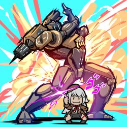 1girl 1other au_ra automaton_queen chibi explosion explosion_background final_fantasy final_fantasy_xiv highres jojo_pose killer_queen&#039;s_pose_(jojo) machinist_(final_fantasy) menacing_(jojo) robot smile that_70s_mexi thumbs_up warrior_of_light_(ff14)