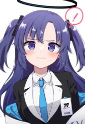 ! 1girl blue_archive blue_necktie blush breasts closed_mouth collared_shirt halo highres ica id_card jacket long_hair looking_at_viewer mechanical_halo medium_breasts necktie purple_eyes purple_hair shirt simple_background solo spoken_exclamation_mark two-sided_fabric two-sided_jacket two_side_up upper_body white_background white_jacket white_shirt yuuka_(blue_archive)