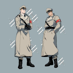 Rule 34 | 2boys, absurdres, armband, beard, belt, black belt, black boots, black gloves, blue background, boots, brown hair, coat, commentary request, connected beard, facial hair, full body, gloves, grey coat, grey hat, hand in pocket, hat, highres, kogu (nue insideout), long coat, looking at viewer, multiple boys, peaked cap, porco galliard, red armband, reiner braun, shingeki no kyojin