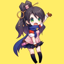 Rule 34 | 1girl, :d, ace attorney, arm up, black hair, black skirt, blue scarf, brown gloves, chibi, chibi only, gloves, green eyes, high ponytail, kay faraday, key hair ornament, long hair, looking at viewer, open mouth, pink shirt, ponytail, scarf, shirt, short sleeves, skirt, smile, solo, sylphy fe, yellow background