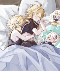 1boy 2girls 34twin22 aether_(genshin_impact) ahoge alternate_costume bare_shoulders bed bed_sheet black_shirt blanket blonde_hair braid breasts brother_and_sister closed_eyes closed_mouth flower food genshin_impact hair_between_eyes hair_flower hair_ornament hetero highres hug indoors lie_down long_hair long_sleeves lumine_(genshin_impact) lying male_focus medium_hair messy_hair multiple_girls on_bed on_side open_mouth paimon_(genshin_impact) pillow shirt short_hair short_sleeves siblings side_profile sleeping smile under_covers very_long_hair white_hair white_shirt yellow_eyes