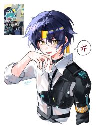Rule 34 | 1boy, absurdres, anger vein, asaba harumasa, black choker, black hair, black necktie, blush, choker, collared shirt, commentary, cropped torso, fang, hair between eyes, headband, highres, huya (huy4 53), looking at viewer, male focus, necktie, open mouth, reference inset, shirt, simple background, solo, spoken anger vein, symbol-only commentary, upper body, wet, wet clothes, wet hair, white background, white shirt, yellow eyes, yellow headband, zenless zone zero